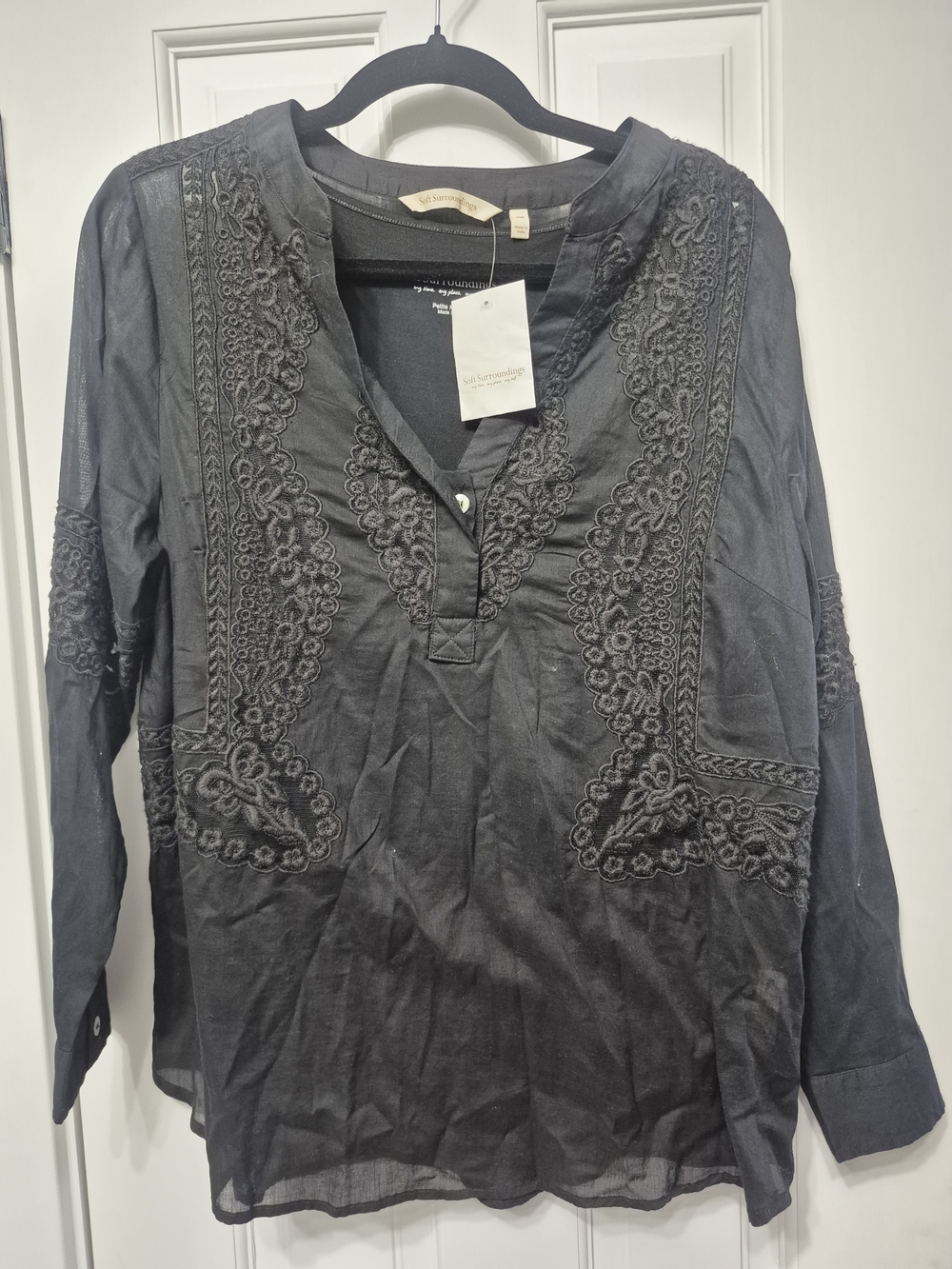 Soft Surroundings Black Embroidered V-Neck Peasant Blouse